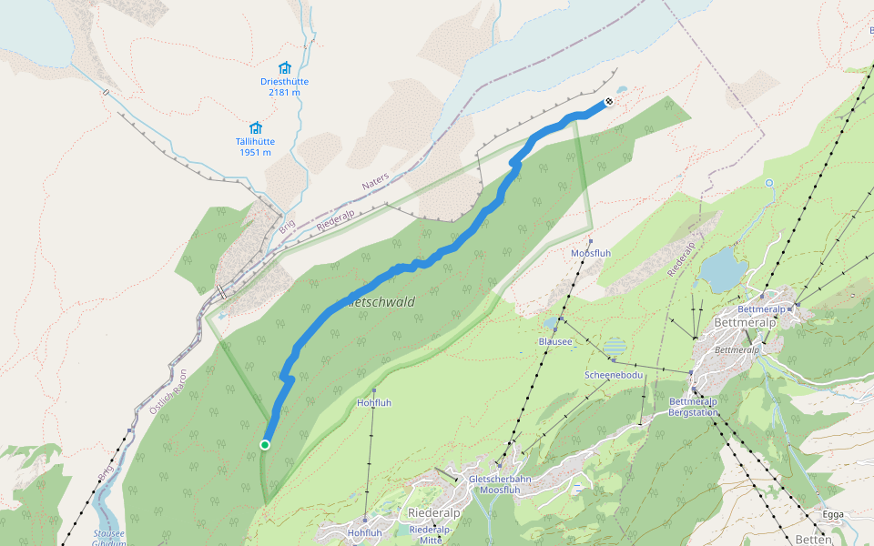 Unterer Aletschweg walking route map in Riederalp