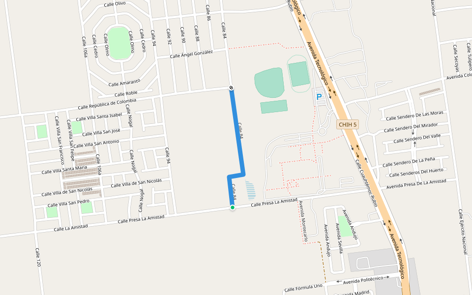 Calle 84 walking route map in Ciudad Cuauhtemoc