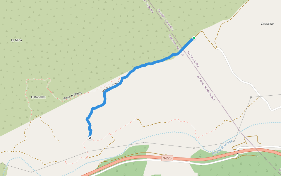Senda de l'Obús walking route map in La Vall d'Uixó