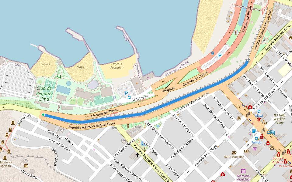 Malencón Grau walking route map in Chorrillos