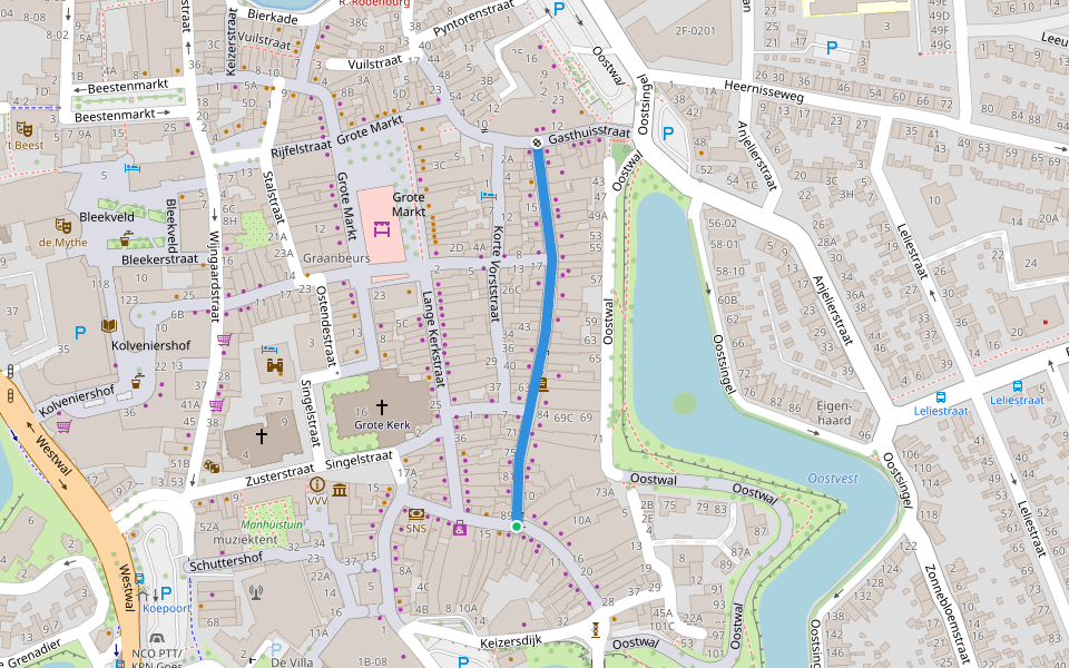 Lange Vorststraat walking route map in Goes