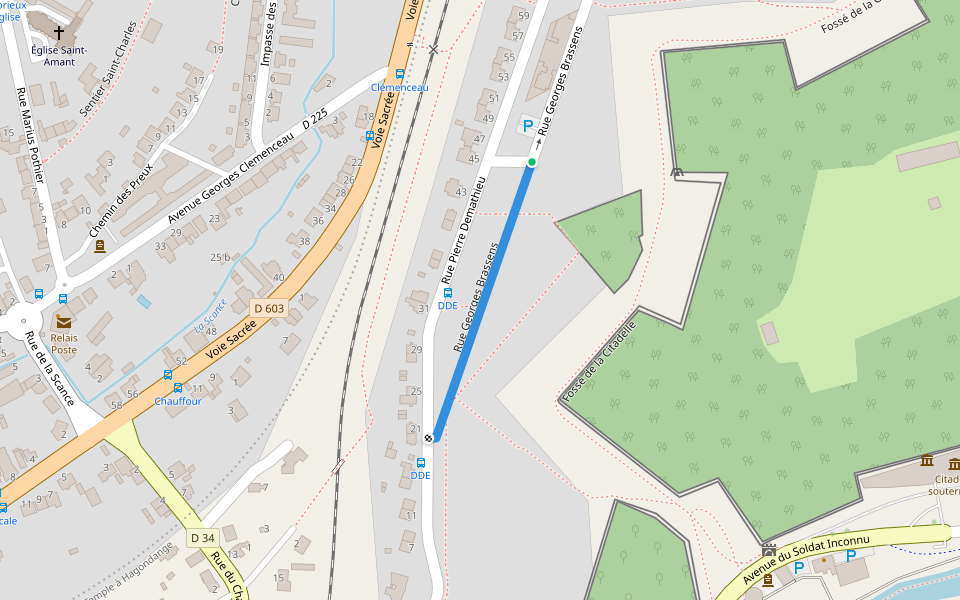 Rue Georges Brassens walking route map in Verdun