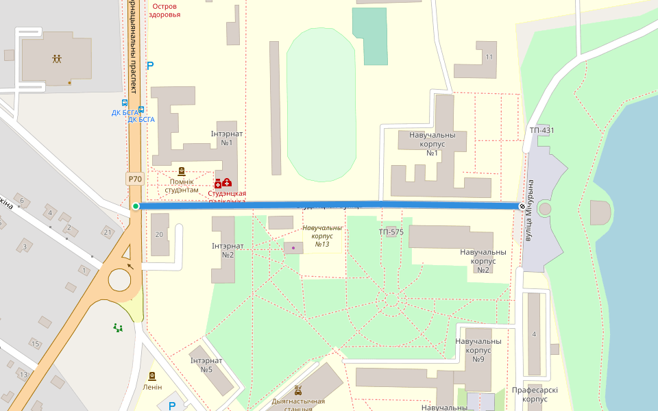 Студэнцкая вуліца walking route map in Horki