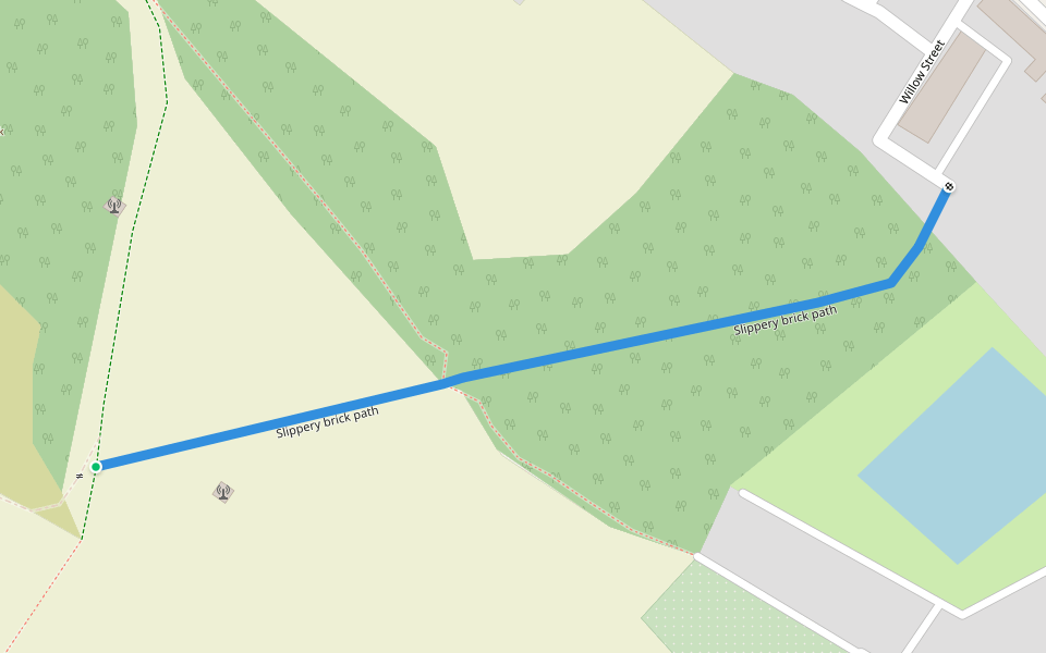 Slippery brick path walking route map in Darwen