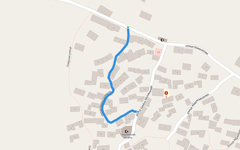 улица Имама Шамиля walking route map in Tanusi