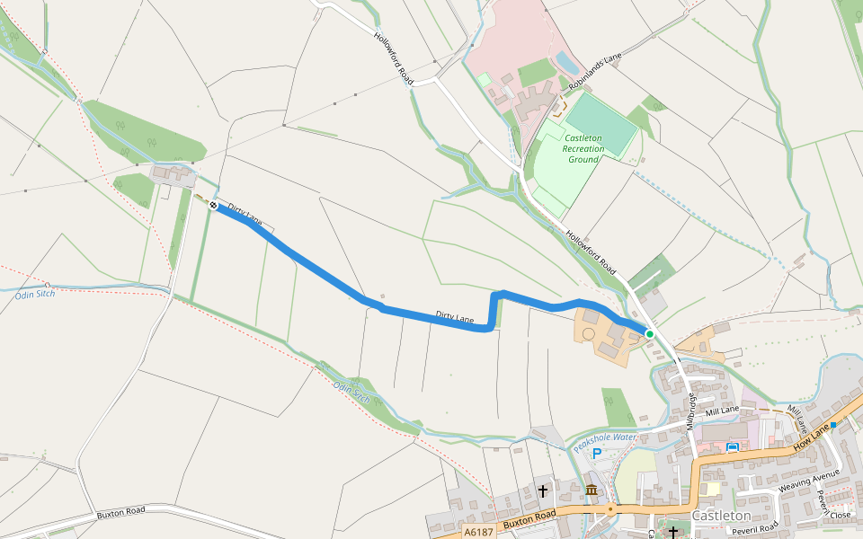 Dirty Lane walking route map in Castleton