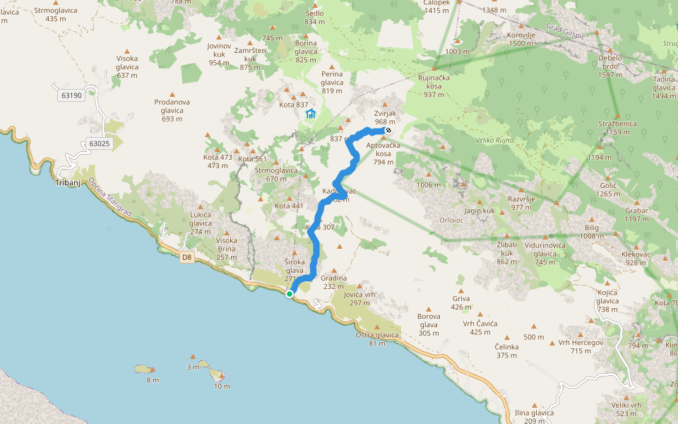 Antina Staza (Kozjača - Veliki Ledenik - Aptovac - Rujno)) walking route map in Tribanj