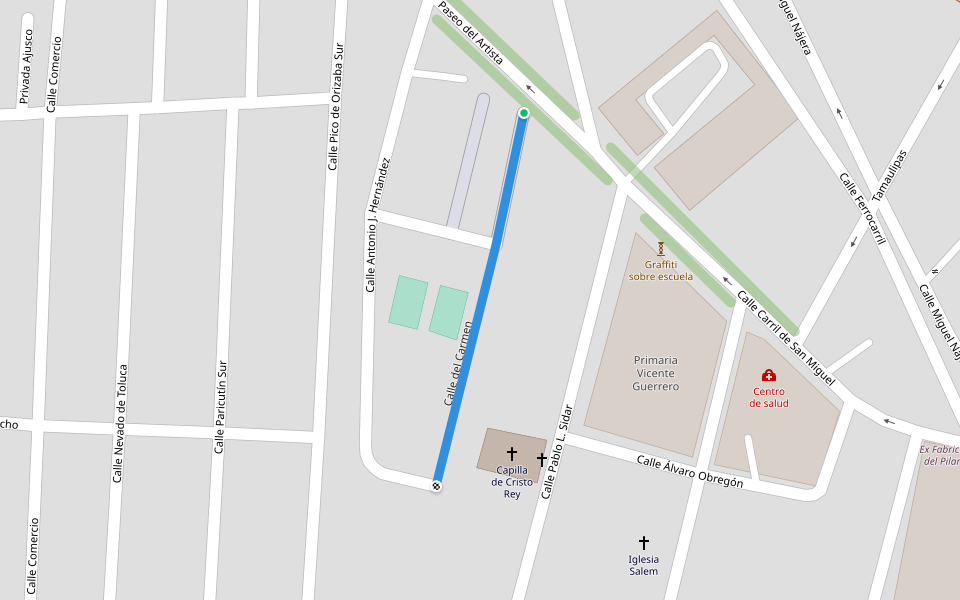 Calle del Carmen walking route map in San Martín Texmelucan de Labastida