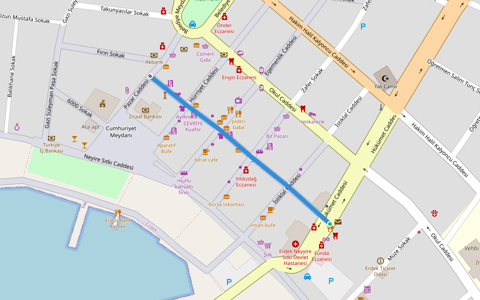 18 Eylül Caddesi walking route map in Erdek