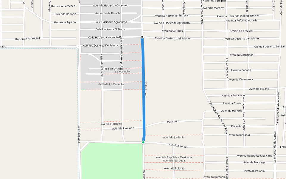 Calle Aciano walking route map in Mexicali