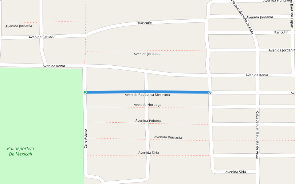 Avenida República Mexicana walking route map in Mexicali