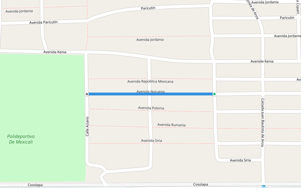 Avenida Noruega walking route map in Mexicali