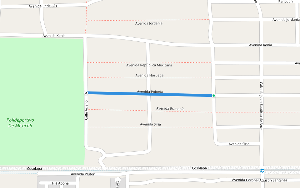 Avenida Polonia walking route map in Mexicali