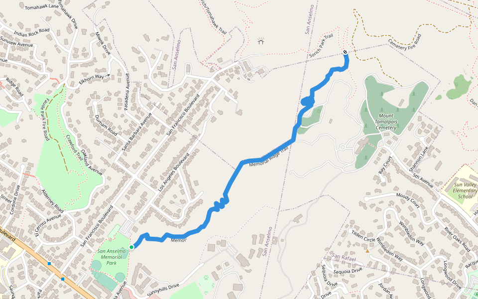 Memorial Ridge Trail walking route map in San Anselmo