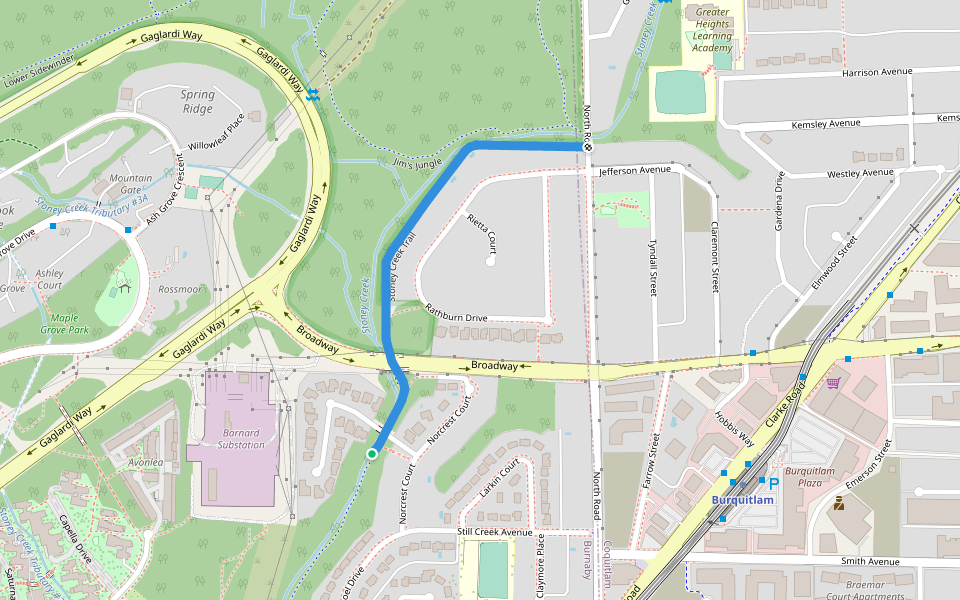 Stoney Creek Trail walking route map in Burnaby