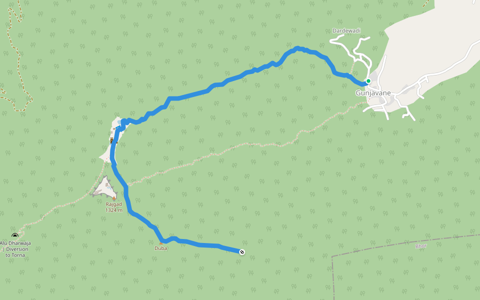 Base to Rajgad walking route map in Gunjavane