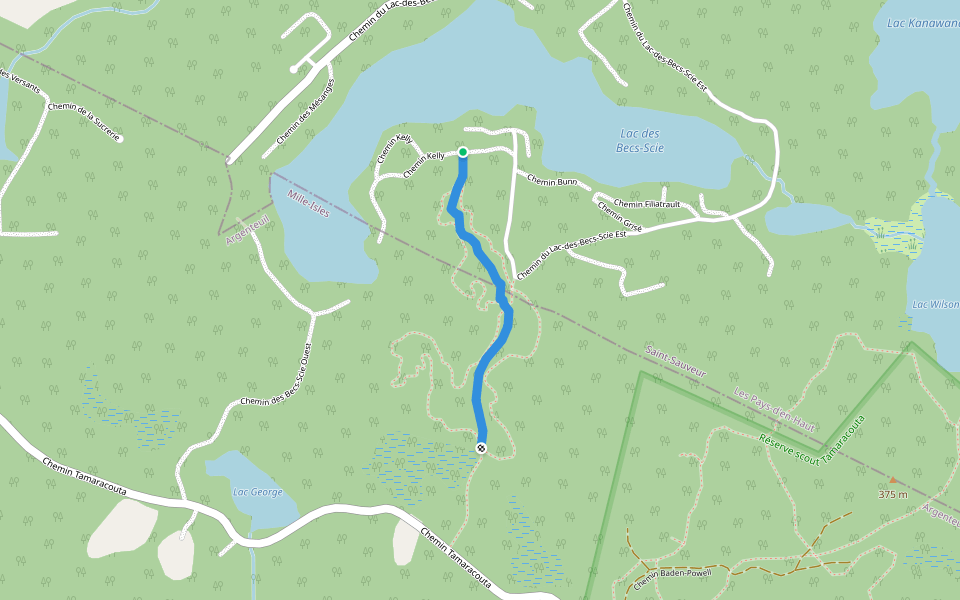 Yellow walking route map in Saint-Sauveur