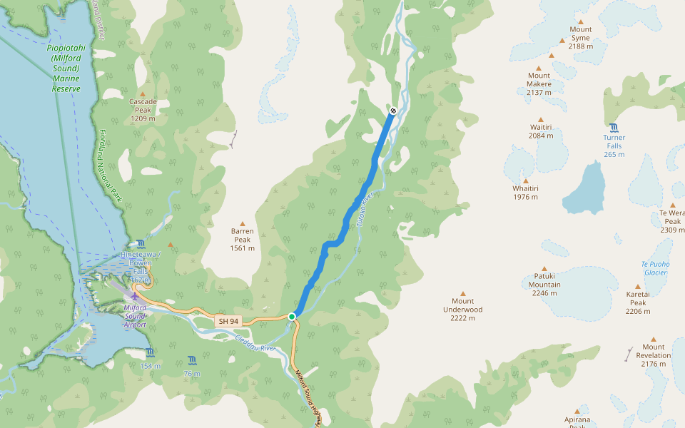 Tutoko Valley / Tutoko River walking route map in Milford Sound