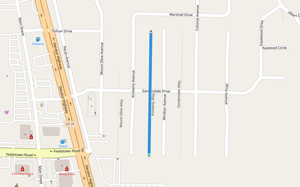 Kimberly Alley walking route map in Gardendale
