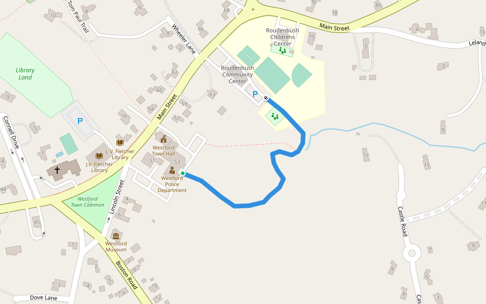 Town Hall to Roudenbush walking route map in Westford