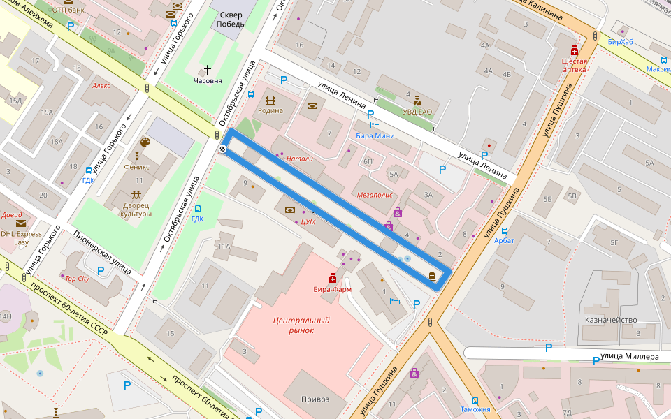 Участок пешеходной зоны улица Шолом-Алейхема walking route map in Birobidzhan