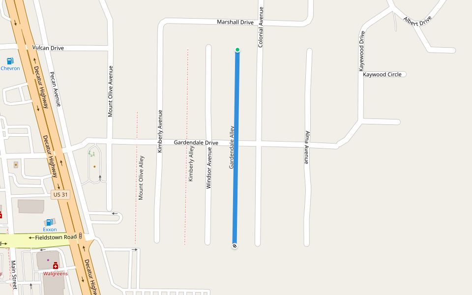 Gardendale Alley walking route map in Gardendale