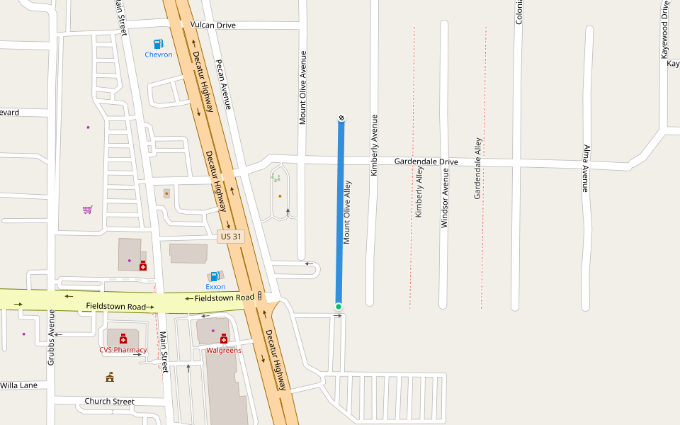 Mount Olive Alley walking route map in Gardendale