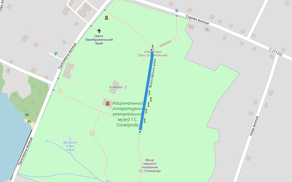 Філософська алея walking route map in Skovorodynivka