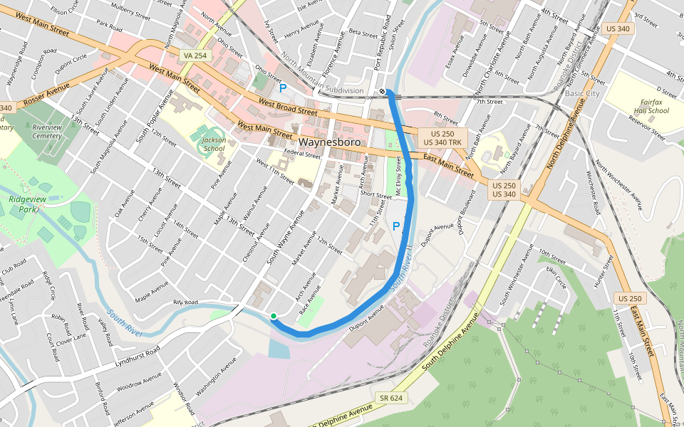 Greenway Trail walking route map in Waynesboro