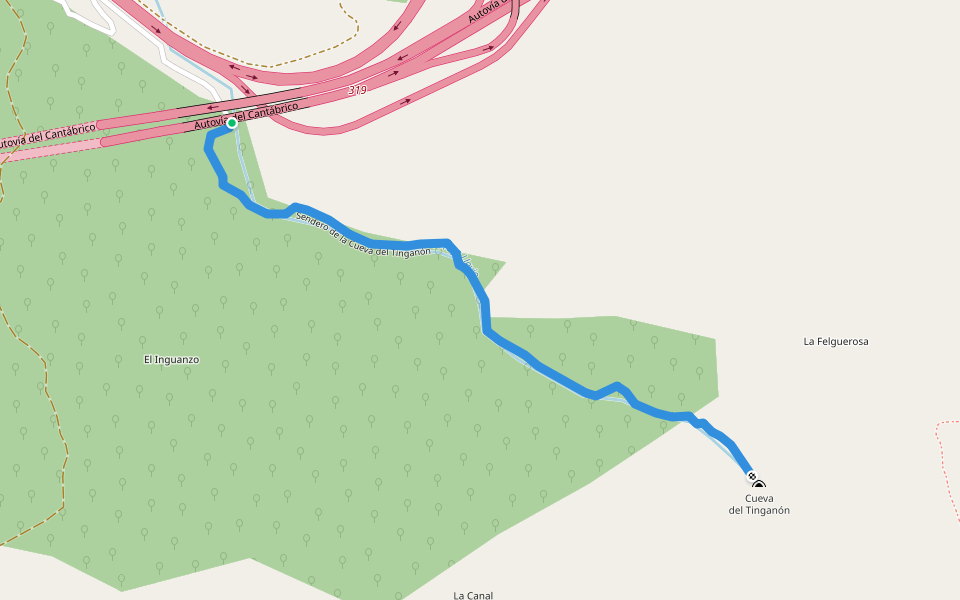 Sendero de la Cueva del Tinganón walking route map in Ribadesella