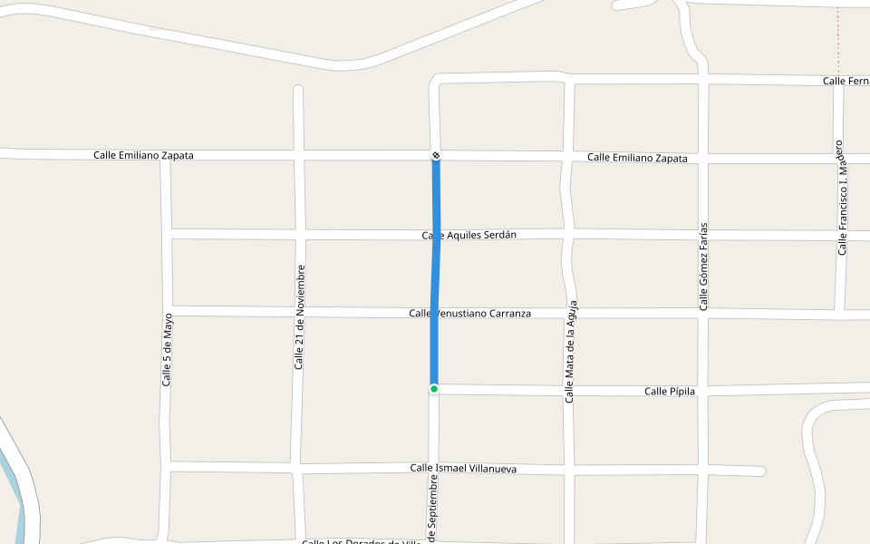 Calle 16 de Septiembre walking route map in Aquiles Serdán