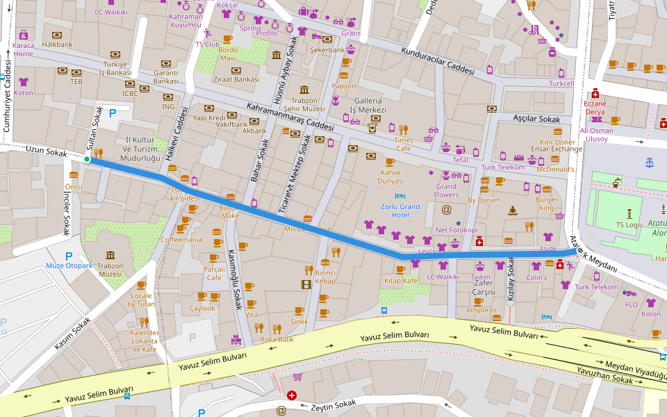 Uzun Sokak walking route map in Trabzon