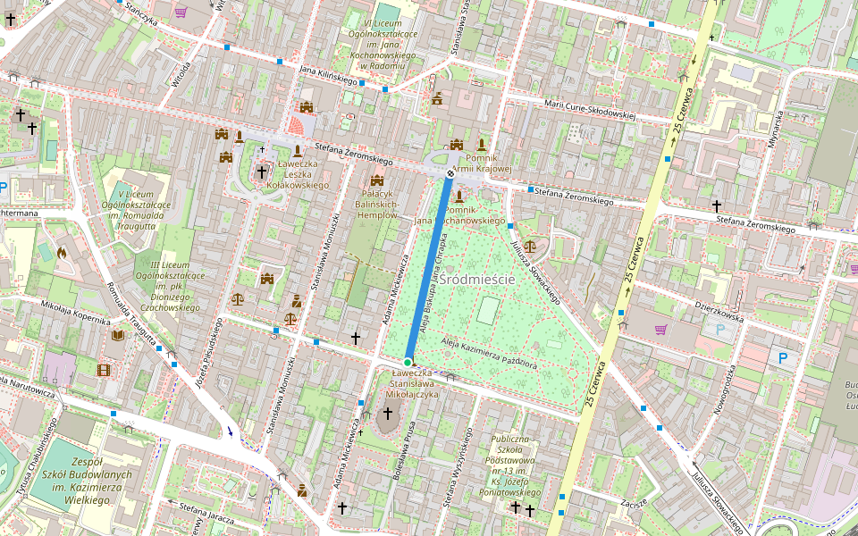Aleja Biskupa Jana Chrapka walking route map in Radom