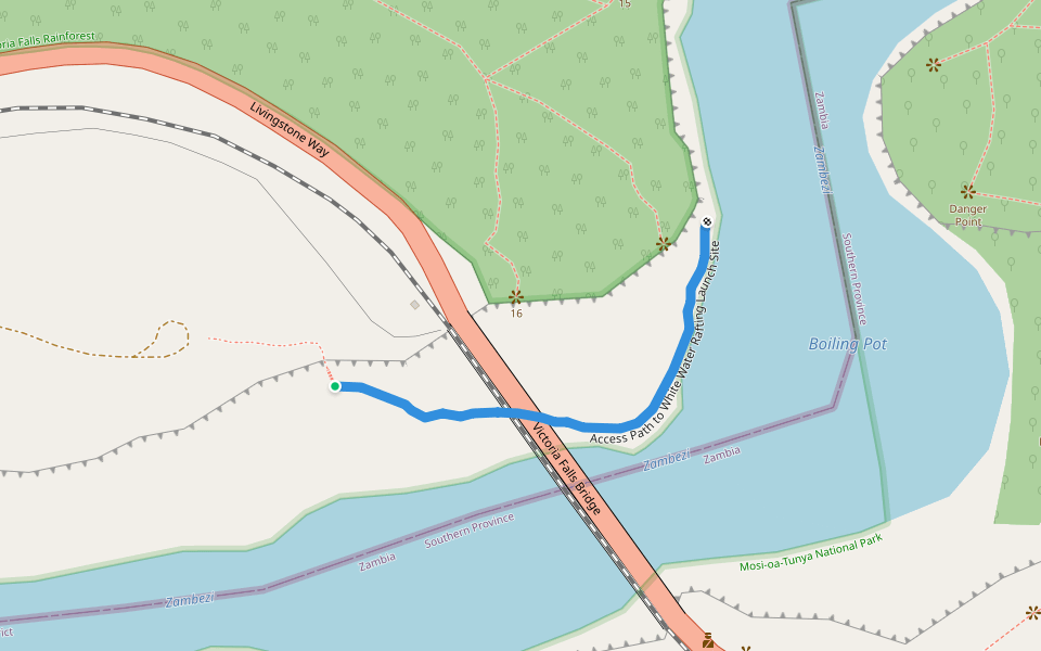 Access Path to White Water Rafting Launch Site walking route map in Victoria Falls