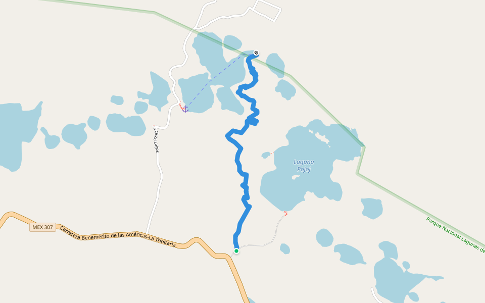 Sendero El Perol walking route map in Tziscao