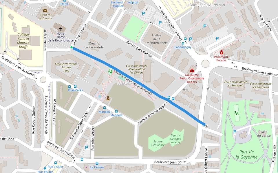 Promenade Nelson Mandela walking route map in Béziers