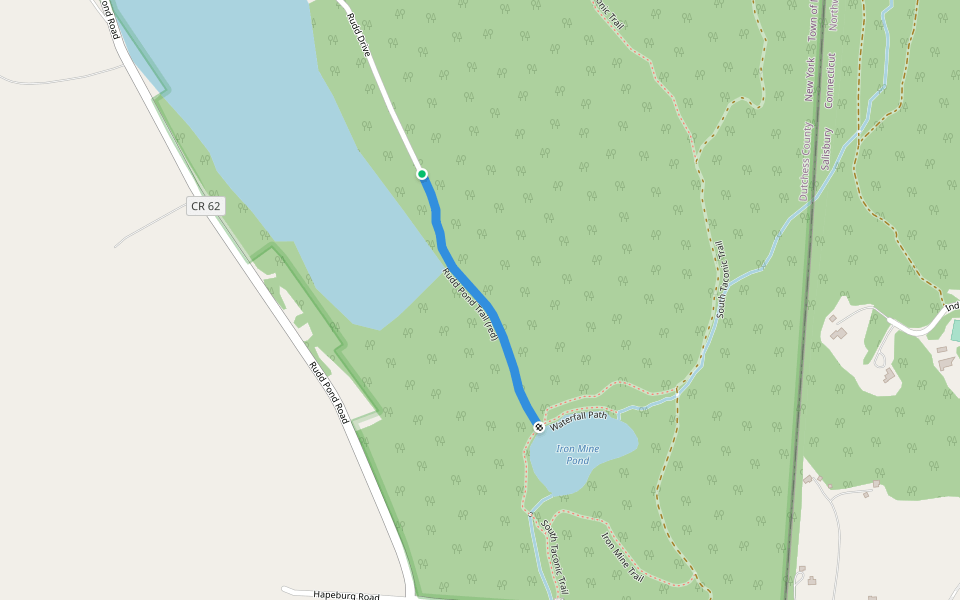 Rudd Pond Trail (red) walking route map in Millerton