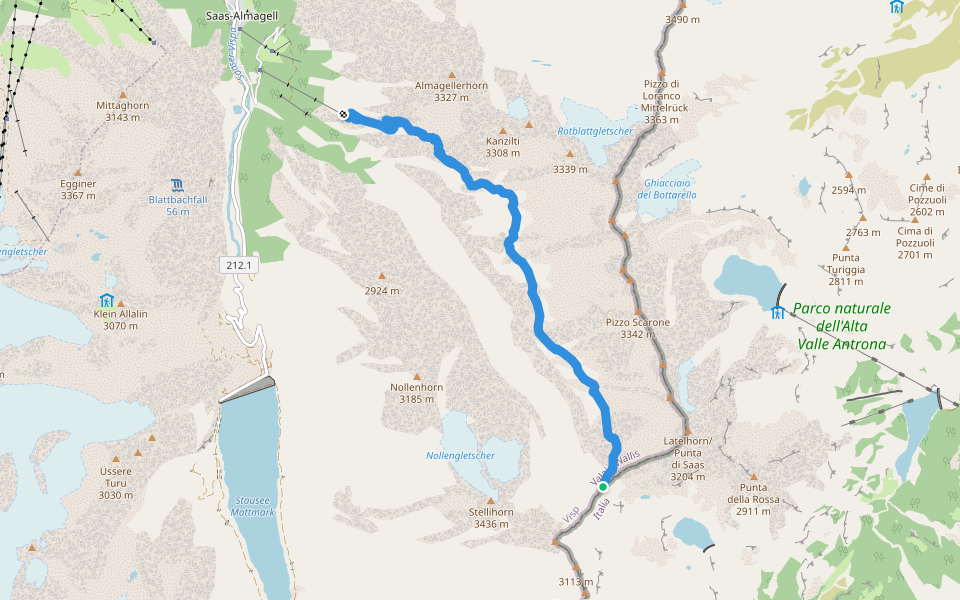 Antronapass - Heitbodme walking route map in Saas-Almagell
