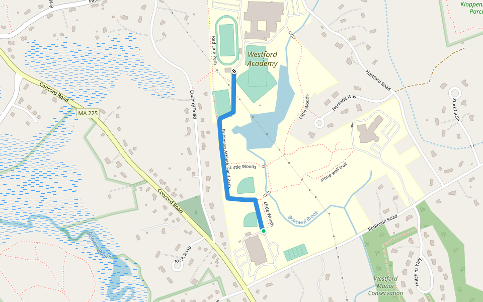 Robinson Athletic Field Path walking route map in Westford
