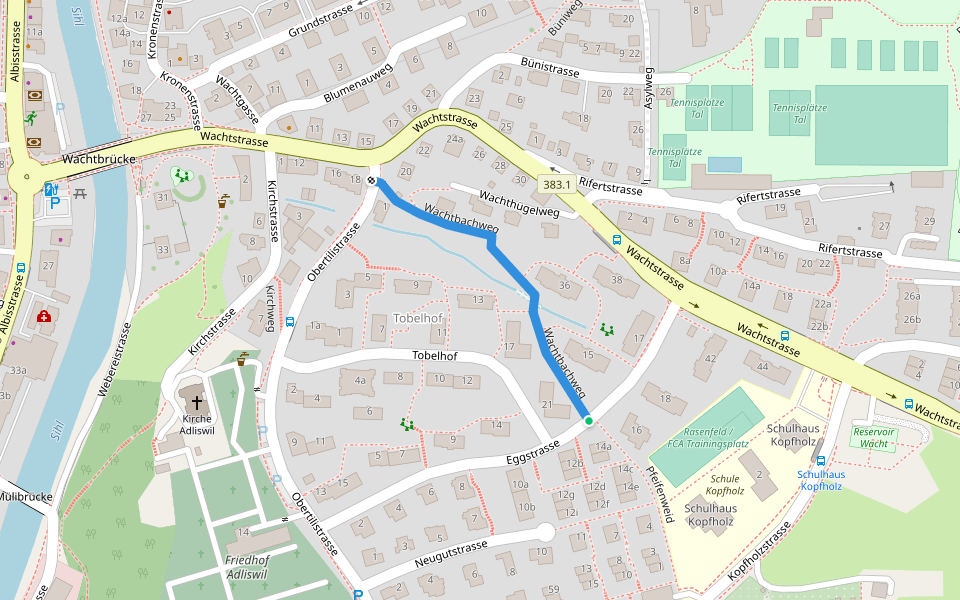 Wachtbachweg walking route map in Adliswil
