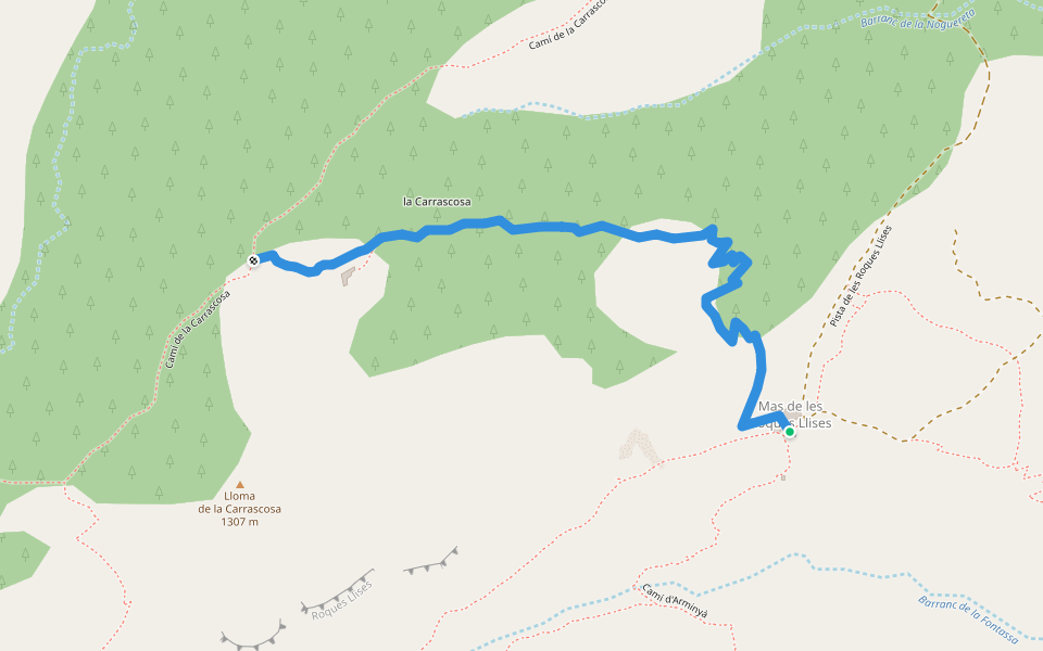 camí de les Roques Llises a la Carrascosa walking route map in Xodos