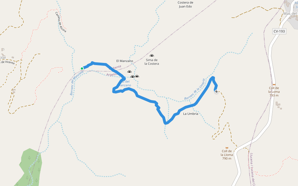 camino de Ludiente a Alcora walking route map in Argeleta