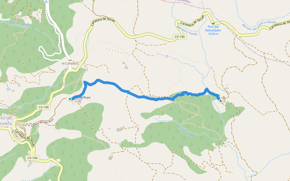 camino del mas de Montolío walking route map in Castillo de Villamalefa