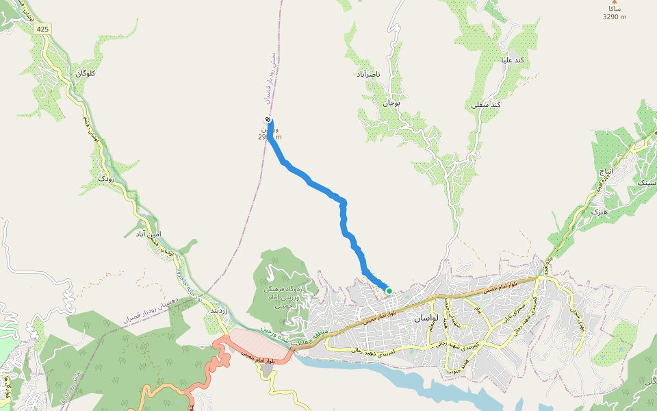 لواسان به قله ورجین walking route map in Lavasan