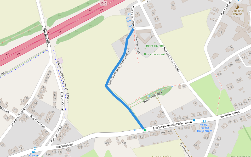 Voie de Milmort (Chemin n° 15) walking route map in Herstal