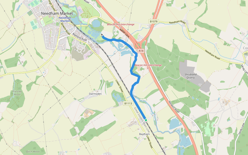Gipping Valley Foot Path walking route map in Lower Street