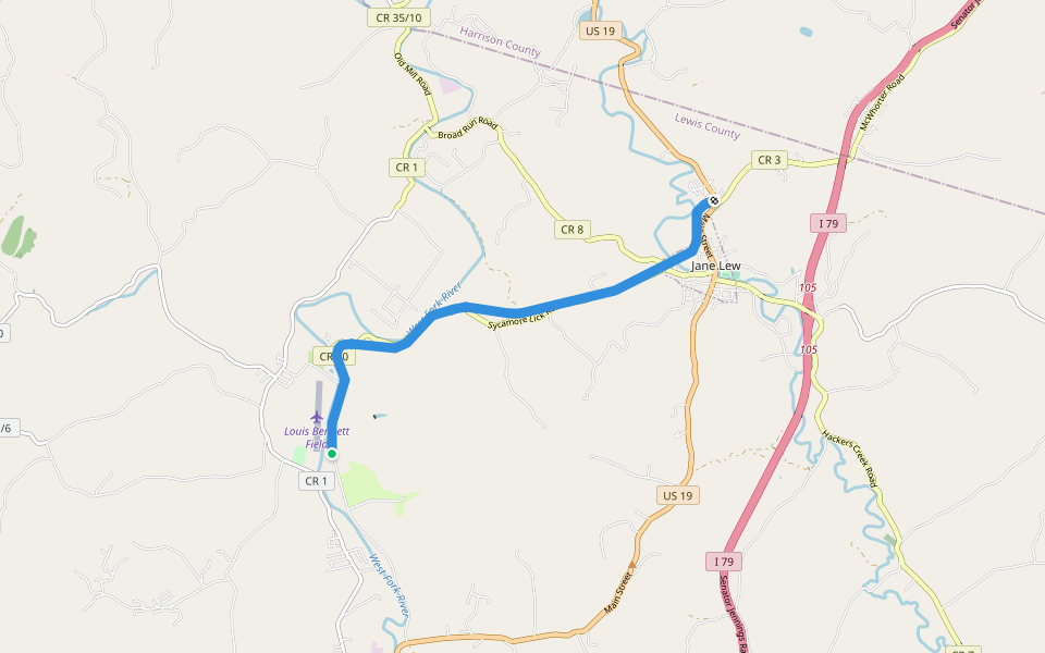 Clarksburg & Weston Electric Railway walking route map in Jane Lew