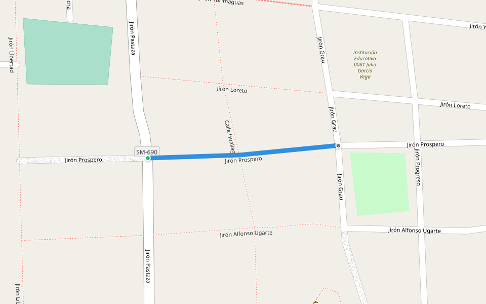 Jirón Prospero walking route map in San Pedro de Cumbaza