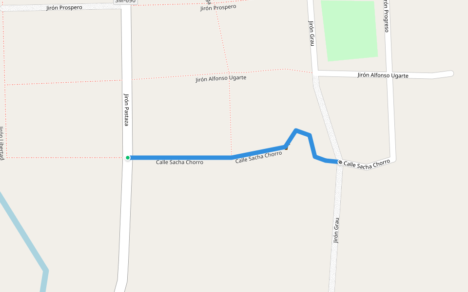 Calle Sacha Chorro walking route map in San Pedro de Cumbaza