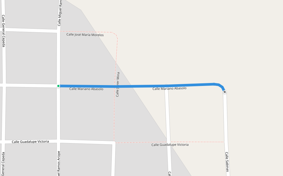 Calle Mariano Abasolo walking route map in San Juan de Sabinas